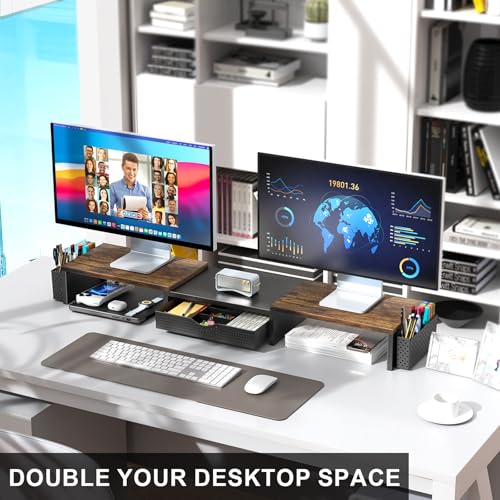 Dual Monitor Stand Riser With Drawer and 2 Pen Holders (Wood)