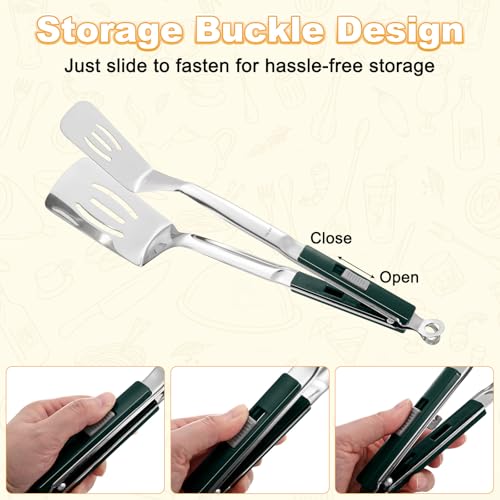 Spatula Tongs (Green Handle, Silver Tone)