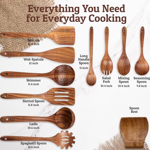 PriorityChef Wooden Spoons for Cooking (10Pc Set + Rest)
