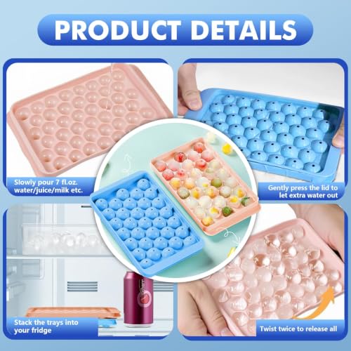 2 Pack Ice Cube Tray with Lid and Bin (Blue & Pink)