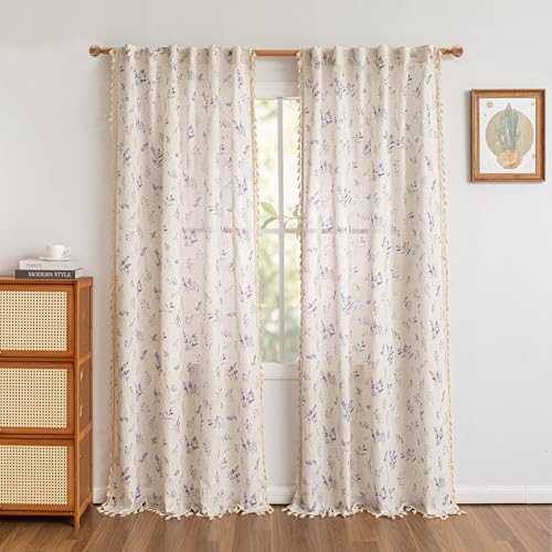 Purple Floral Boho Linen Semi Sheer Curtains 84 Inches Long 2 Panels Spring Vintage Farmhouse Elegant Light Filtering Privacy Drapes with Tassel Back Tab for Living Room Bedroom (Purple / 50"W x 84"L (Pack of 2))