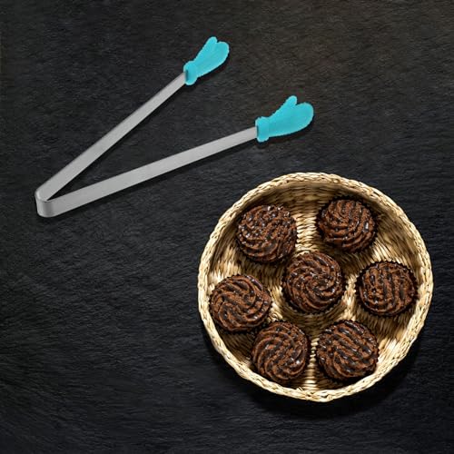 Mini Food Tongs 5.5" Gloves Shape Stainless Steel with Silicon Tips Small Cooking Tongs Kitchen Food Tongs Serving Tongs for Cooking Grilling BBQ Barbecue Kitchen (LightBlue)