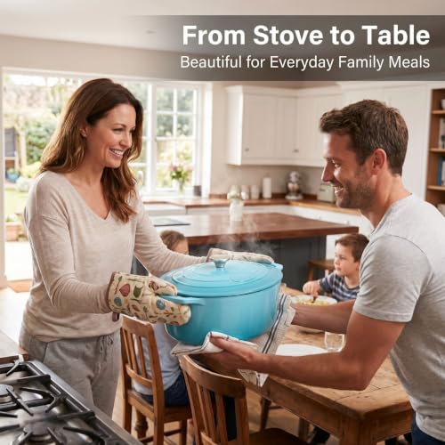 La Cuisine Enameled Cast Iron Oval Dutch Oven Casserole Pot with Lid 6.75 QT Internal Matte Black Enamel Coating for bread baking For GlassTop Oven (6.75 QT Oval / Teal)