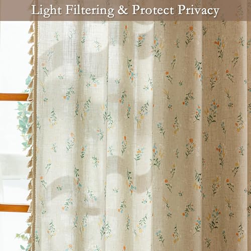 Boho Floral Linen Farmhouse Curtains 84 Inch Length 2 Panels Semi (Blue and Orange / 50"W x 84"L (Pack of 2))