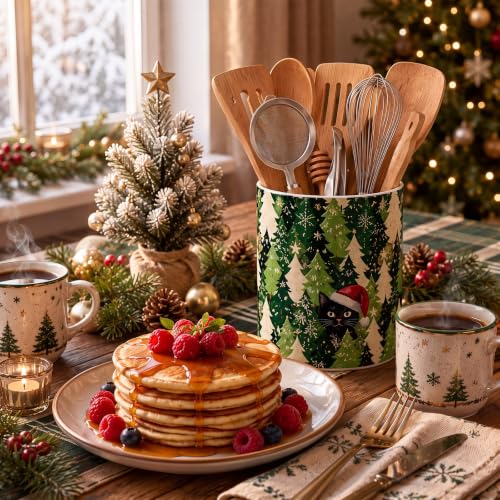 Christmas Tree & Black Cat Ceramic Utensil Holder (Christmas Tree Cat)