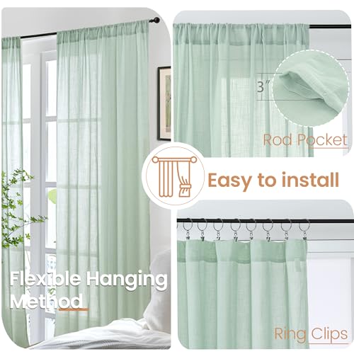 Sage Green Linen Semi Sheer Curtains for Living Room 63 Inch Length (Sage Green / 52"W x 63"L (Pack of 2))