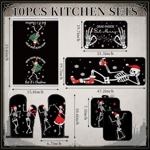 10 Pcs Christmas Skeleton Kitchen Decor and Accessories Set Kitchen Towels Pot Holders Oven Mitts Rugs and Tape for Baking Cooking BBQ Festive Housewarming Gifts (Black,white / Halloween Skeleton)