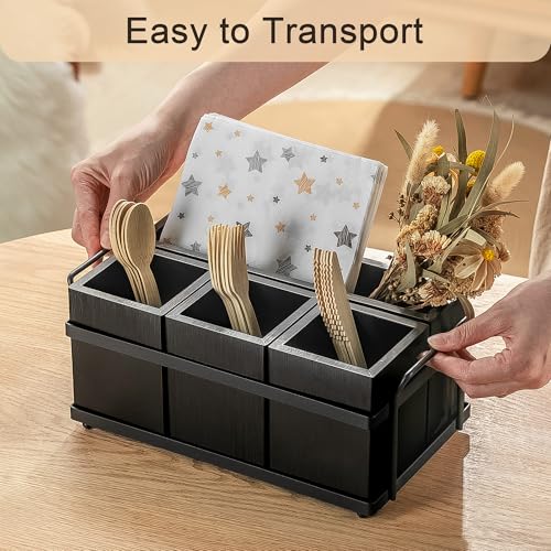 Silverware Caddy Black Wood Silverware Holder Paper Plate Dispenser (Black)