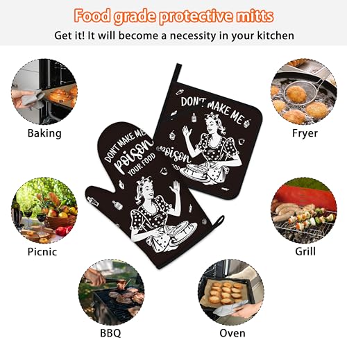 Funny Oven Mitts and Pot Holders Sets Black Kitchen Accessories Cute Kitchen Decor Funny House Warming Gifts Heat Resistant Cooking Baking Gifts for Women (Oven Mitts & Pot Holders / Black)