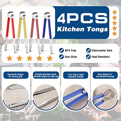 4Pcs Stainless Steel Kitchen Tongs for Cooking (Red+Pink+Yellow+Blue)