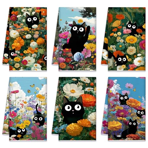 6 Pcs Black Cat Kitchen Towels Retro Wildflower Floral Dishcloth (Wildflower Black Cat)