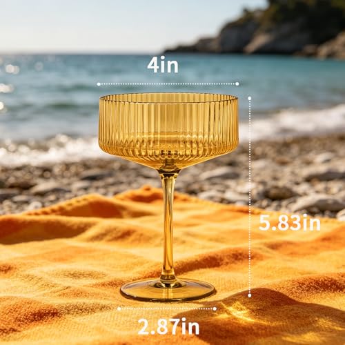 6 PCS Ribbed Coupe Glasses Amber Plastic Champagne Coupe Cup 10.5oz Espresso Martini Glass Shatterproof Acrylic Vintage Margarita Glassware Cocktail Glass for Thanksgiving Wedding (Amber / 6 PCS)