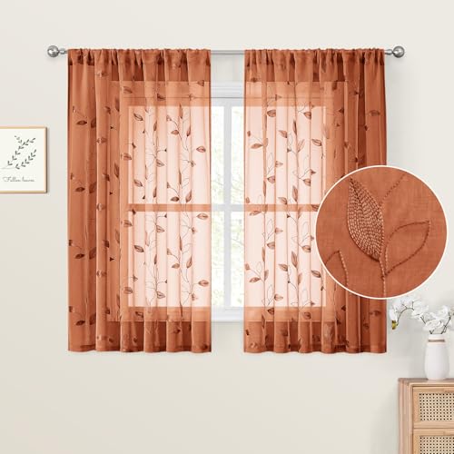 Fall Burnt Orange Kitchen Curtains Floral Leaf Embroidered (52"W x 54"L (Pack of 2) / Burnt Orange)