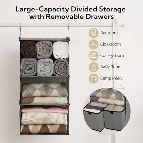 4 Shelf Hanging Closet Organizer with Drawer (4-shelf Drawers Grey / 1-Pack)