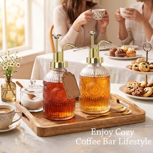 12 oz (350ml) Coffee Syrup Dispenser, Glass Syrup Bottles, 2 Pack (Gold, 2 Pack)
