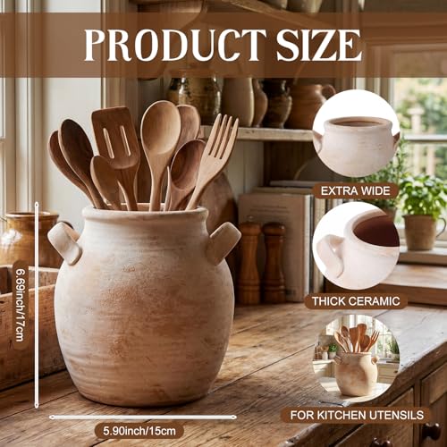 Rustic Utensil Crock Kitchen Vintage Utensil Holder (Rustic Beige)