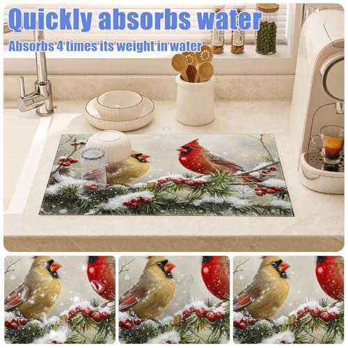 Winter Cardinal Bird Dish Drying Mat for Kitchen Counter Snow Drying Pad Absorbent Reversible Dish Drainer Rack Mats Draining Pad 18"x24"Inch