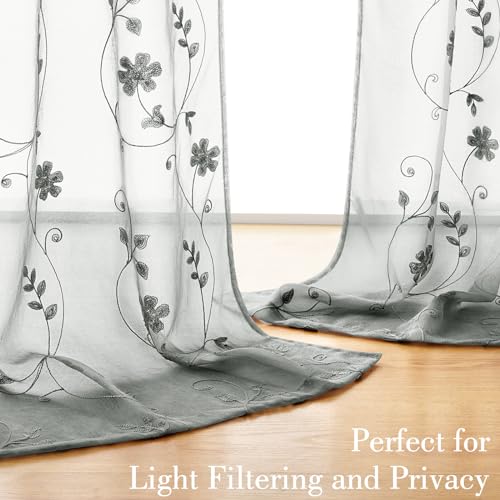 Grey Sheer Curtains 96 Inches Long 2 Panels Embroidered Floral Pattern Semi Sheer Window Curtains for Bedroom Living Room (52"W x 96"L (Pack of 2) / Grey)