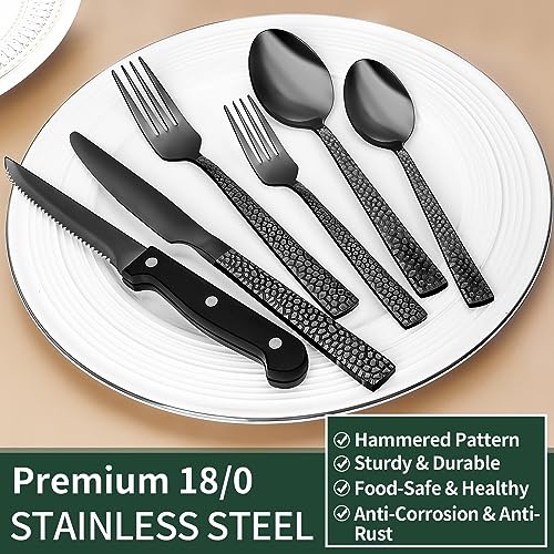 24 Piece Black Silverware Set with Steak Knives (Hammered Edge)