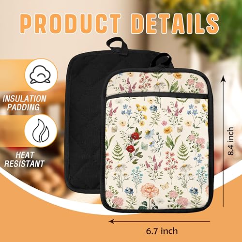 Beige Floral Botanical Pot Holders with Pockets (Wildflower-f)