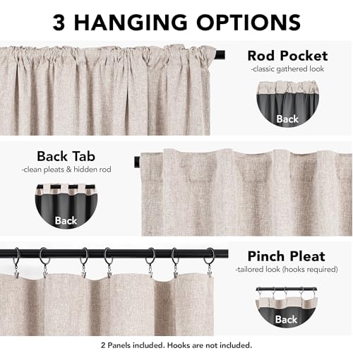 100% Blackout Linen Curtains for Living Room Bedroom 108 Inch Long (Flaxen/Linen 100% Blackout / 52"W x 108"L (Pack of 2))