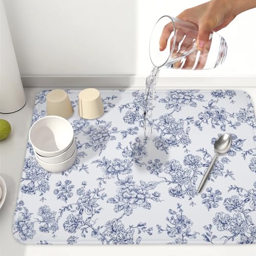 Blue Floral Dish Drying Mat for Kitchen Counter Chinoiserie Flower Microfiber Dish Drainer Mat Vintage Rustic Elegant Absorbent Washable Drying Pad Extra Large 18"x24" (Elegant Blue Flower / 24" x 18")