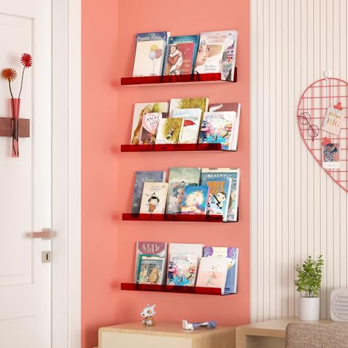 4 Pcs 15" Acrylic Shelves for Wall Decor and Display (Red)