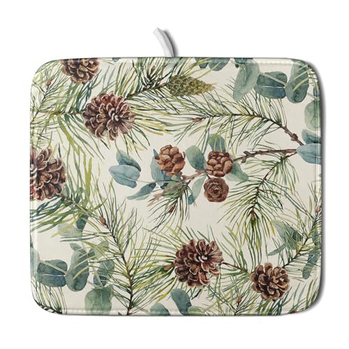 Winter Dish Drying Mat for Kitchen Counter 16x18 Christmas Evergreen Leaves Pinecone Holiday Theme Absorbent Reversible Microfiber Drying Mats Kitchen Countertop Protector Dishes Drainer Pad (16" x 18")