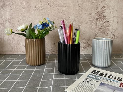 Stoneware Coffee Bar Utensil Holder Tea & Coffee Spoon & Stirrer Holder for Stir Stick Straw Teaspoon Holder Espresso Spoon Cup Small Utensil Jar Fluted Vertical Stripe (Matte Black)