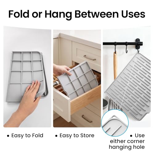 Foldable Silicone Dish Drying Mat for Kitchen Counter & Sink (Light Gray / 15.7" x 12.3")