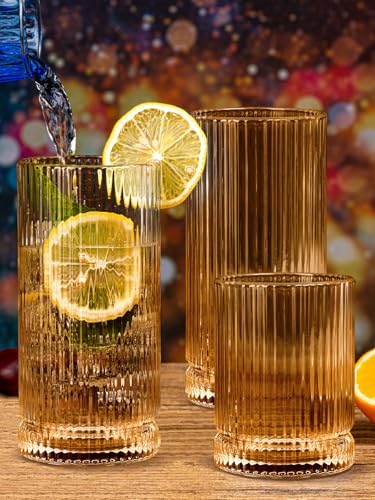 Amber Glassware Ribbed Drinking Glasses Set of 8 (Amber Ribbed Glassware 8pcs / 8pcs)