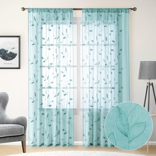 Turquoise Sheer Curtains Leaf Embroidered (52"W x 96"L (Pack of 2) / 5-turquoise)