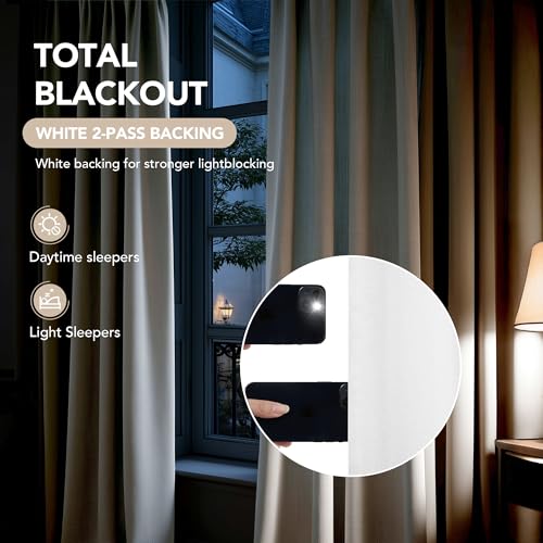Pinch Pleated 100% Blackout Linen Curtains 108 Inch for Bedroom (Cream White/Linen Total Blackout / 40"W x 108"L (Pack of 2))