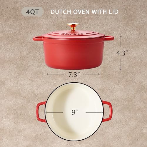 Enameled Cast Iron Dutch Oven Pot with Lid (4 QT / Red)