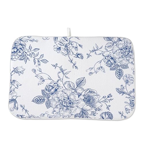 Chinoiserie Floral Dish Drying Mat 18 x 24 inch Vintage Blue Flower Decorative Drying Mats Microfiber Absorbent Dish Washable Draining Mat for Kitchen Counter Decor (18" x 18" / Chinoiserie)