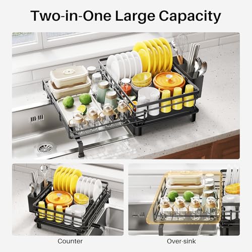 Expandable Dish Drying Rack for Kitchen Counter (Black)