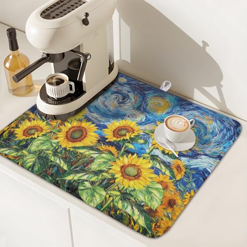 Sunflower Dish Drying Mat for Kitchen Counter 18x16 Inch Starry Night Drying Mat with Absorbent Reversible Microfiber Farmhouse Floral Dish Drainer Mats Rack Pad for Coffee Countertop Protector (Blue Yellow / 18" x 16")