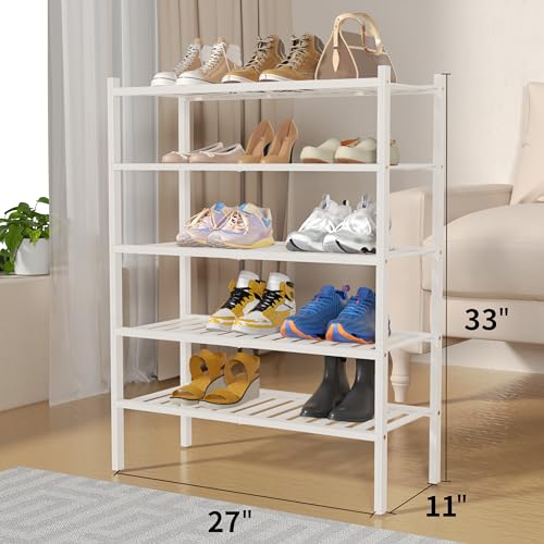 5 Tier Bamboo Shoe Rack for Closet Free Standing Wood Shoe Shelf for Entryway Small Space Stackable 27"x11"x33" (White / 5 tier)