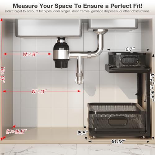 2 Pack Under Sink Organizer With Next (Black / 2 Pack-15.5"Dx12.4"-16.5"H)