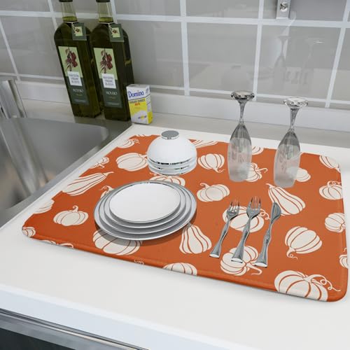Fall Dish Drying Mat for Kitchen Counter Autumn White Pumpkins Festival Microfiber Absorbent Dish Draining Reusable Washable Foldable Extra Large 18"x24" (24" x 18")