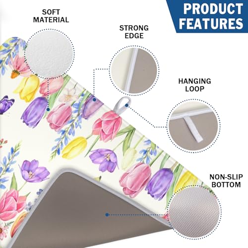 Spring Floral Dish Drying Mat for Kitchen Counter Easter Tulip Lavender Flower Microfiber Dish Drainer Mat Rustic Farmhouse Absorbent Washable Drying Pad Extra Large 18"x24" (Spring Summer Tulip / 24" x 18")
