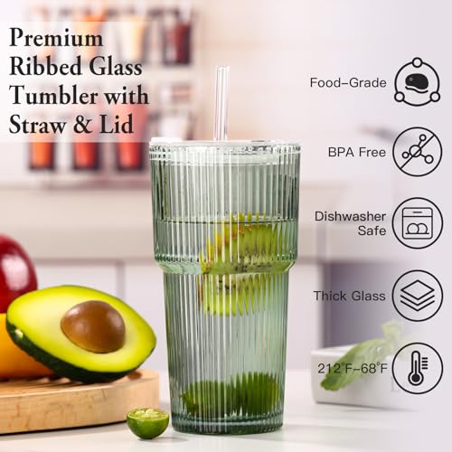 4PCS Green Ribbed Glass Cups with Lids and Straws (Green-4)