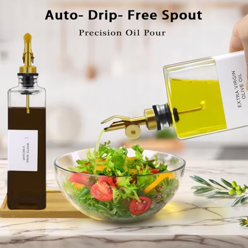 Olive Oil Dispenser Bottle for Kitchen with Bamboo Tray (Clear / 16.9oz, Set of 2)