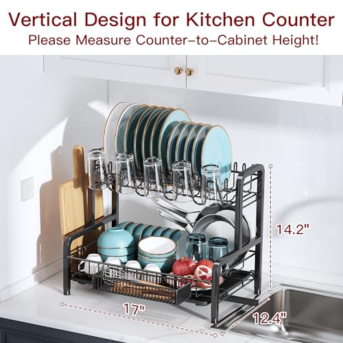 2 Tier Black Stainless Steel Dish Drying Rack for Kitchen Counter (Black / 12.4" D x 17.1" W x 14.2" H)