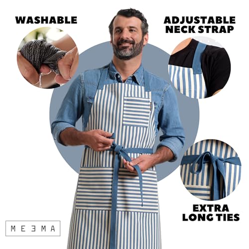Chef Aprons for Women with Pockets (Blue Striped)