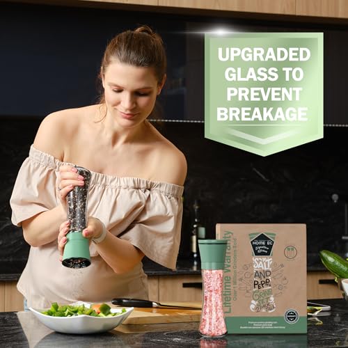 Premium Green Sea Salt and Pepper Grinder Set of 2 (Green Cap/Clear Glass / 2pk)