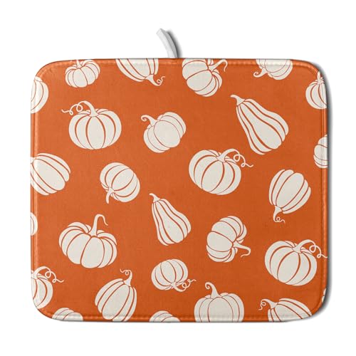 Fall Dish Drying Mat for Kitchen Counter Autumn White Pumpkins Festival Microfiber Absorbent Dish Draining Reusable Washable Foldable 16"x18" (18" x 16")