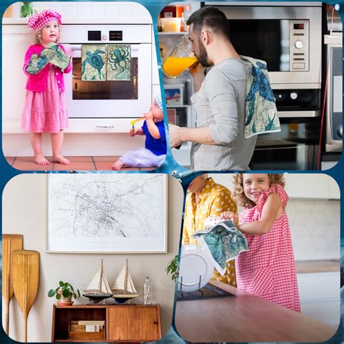 6 Pcs Ocean Beach Kitchen Towel Oven Mitt Pot Holder Set (Ocean)