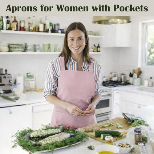 Apron for Women with Pocket Cotton Linen (Pink / Small)