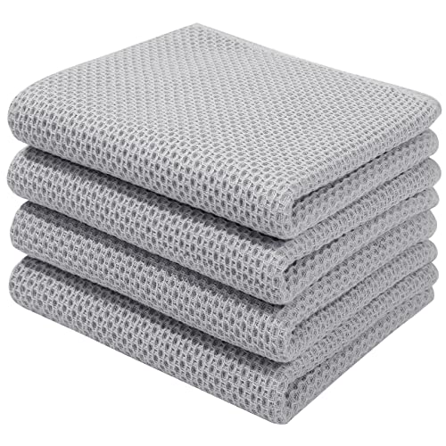 100% Cotton Waffle Weave Kitchen Dish Towels 4 (Light Gray / 13 X 28 - 4 Pack)